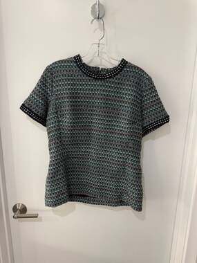 Thom Browne Women's Multicolor Tweed Short Sleeve Top with Signature Tricolor Ta